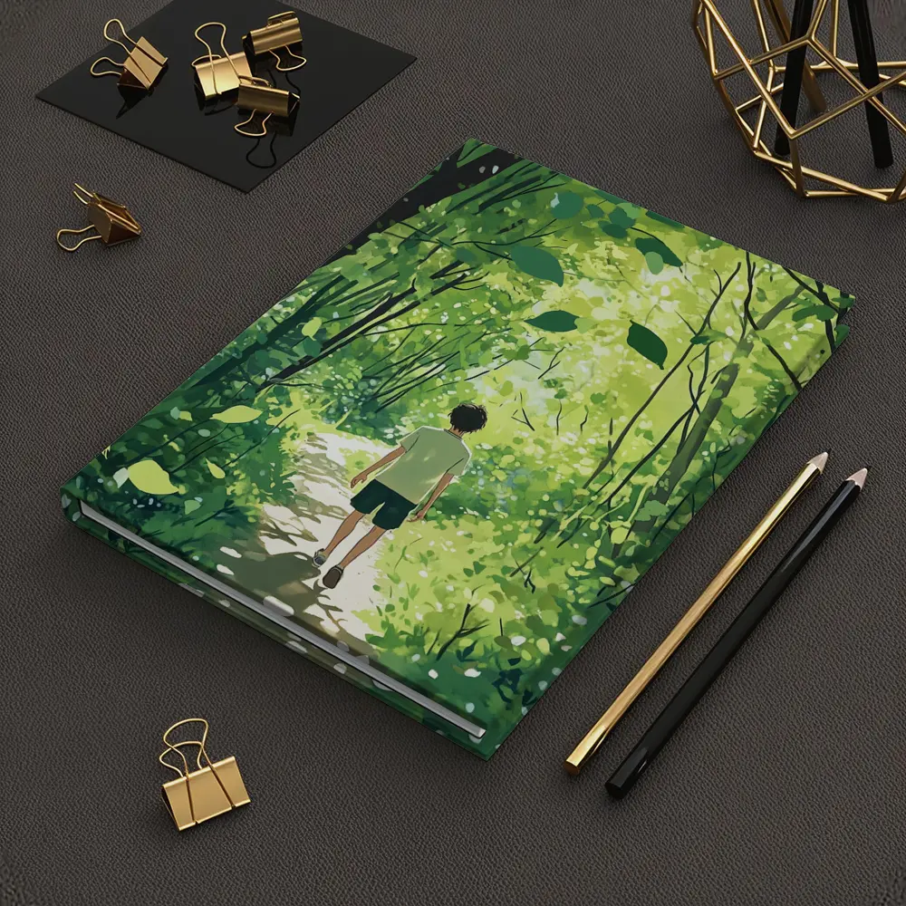 Anime Boy Walking Through Sunlit Forest Path – Notebooks