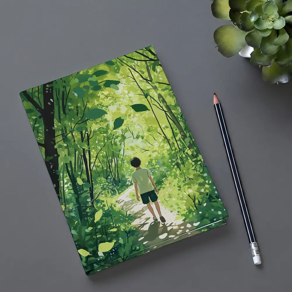 Anime Boy Walking Through Sunlit Forest Path – Notebooks