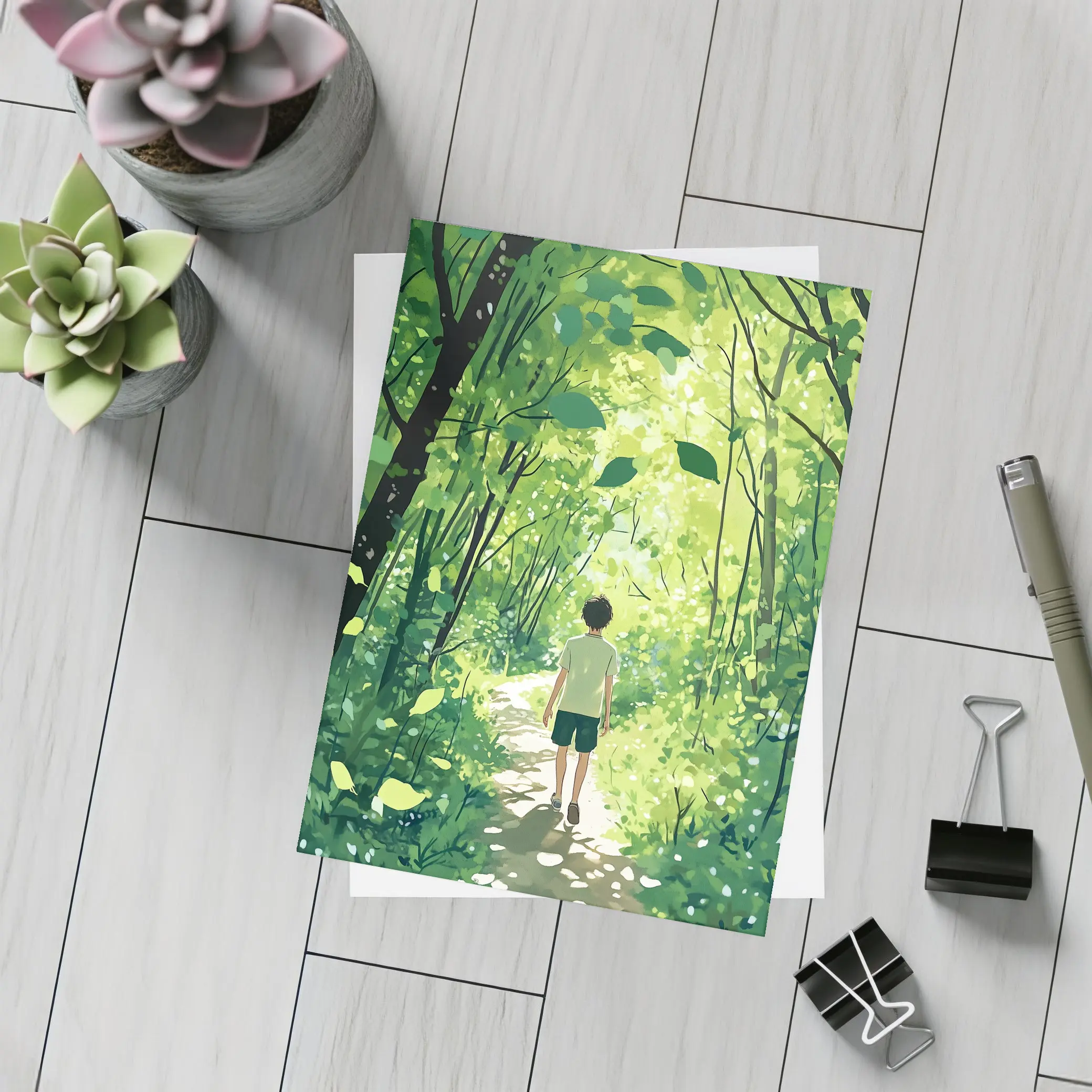 Anime Boy Walking Through Sunlit Forest Path – Postcards