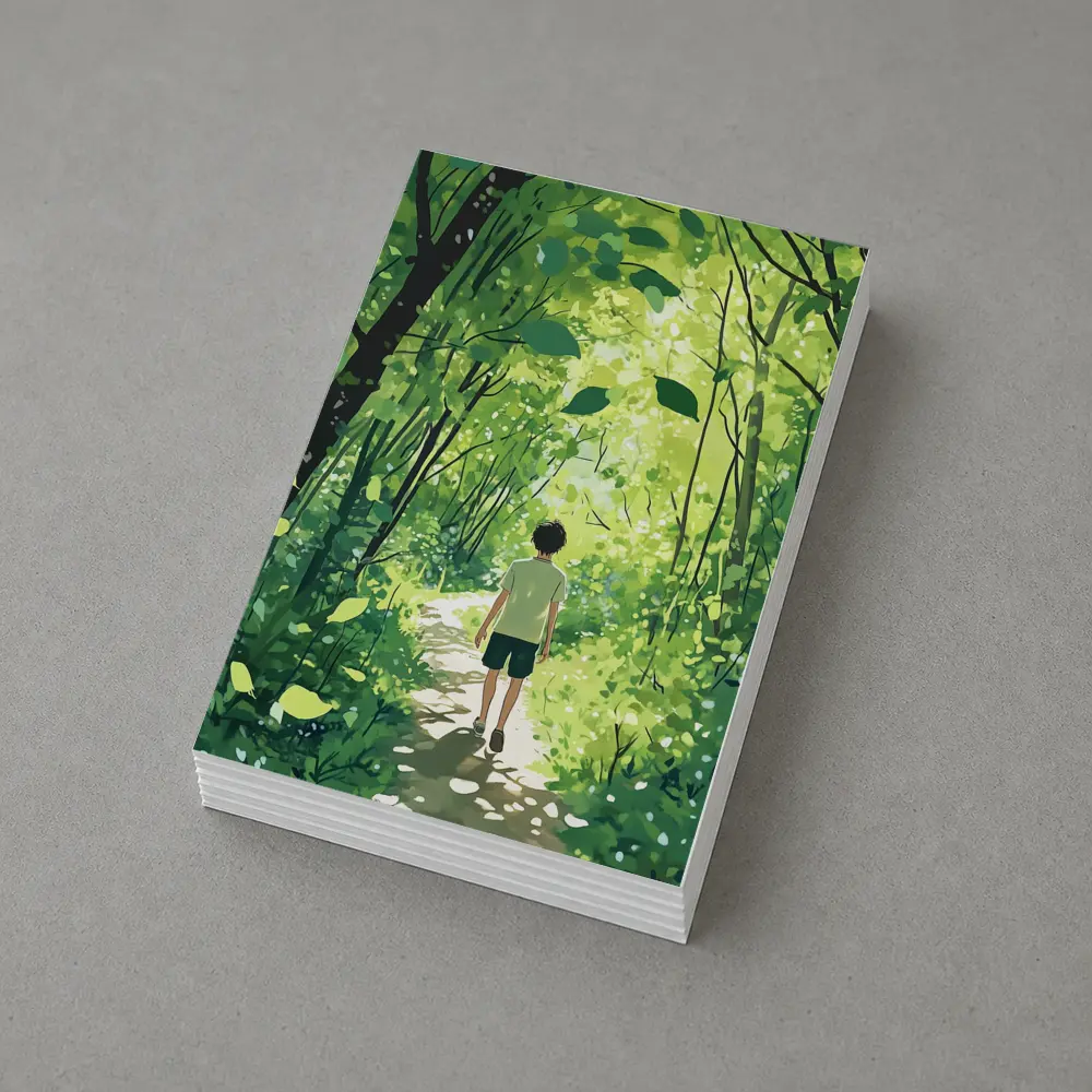 Anime Boy Walking Through Sunlit Forest Path – Postcards