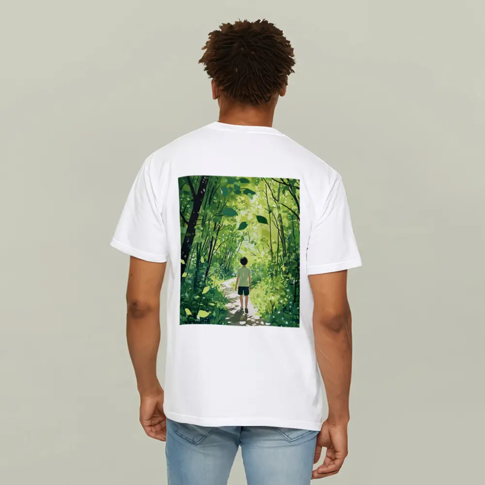 Anime Boy Walking Through Sunlit Forest Path – T-Shirts