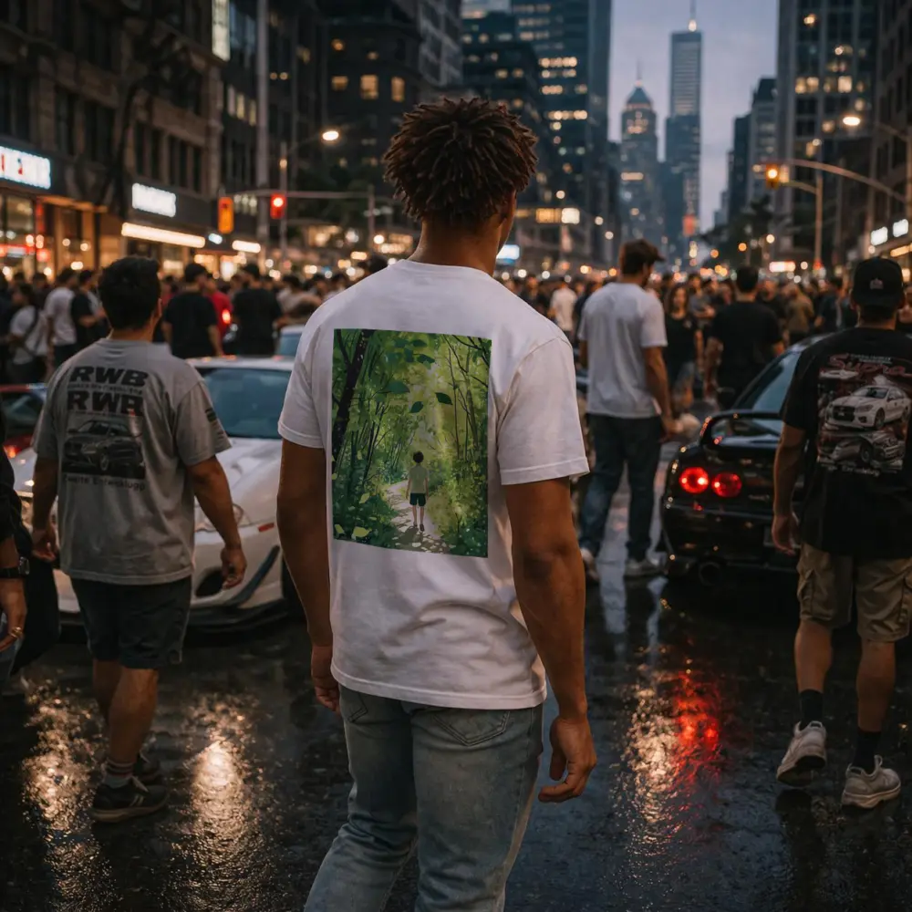 Anime Boy Walking Through Sunlit Forest Path – T-Shirts