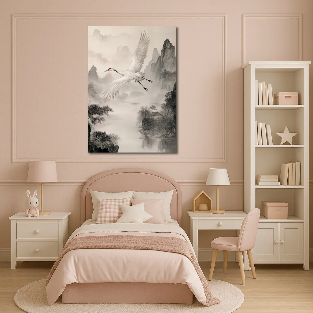 Red Crowned Crane Flying Over Misty Mountains – Wall Art
