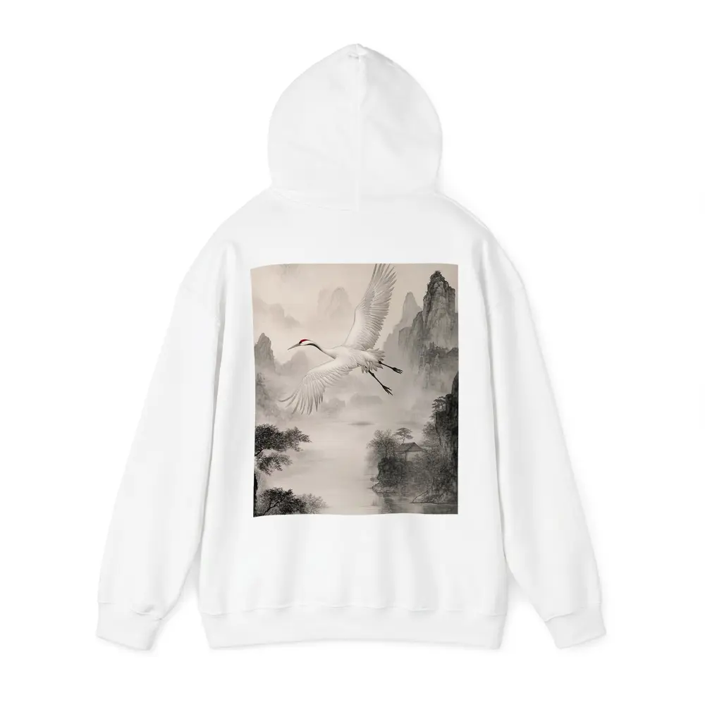 Red Crowned Crane Flying Over Misty Mountains – Hoodies