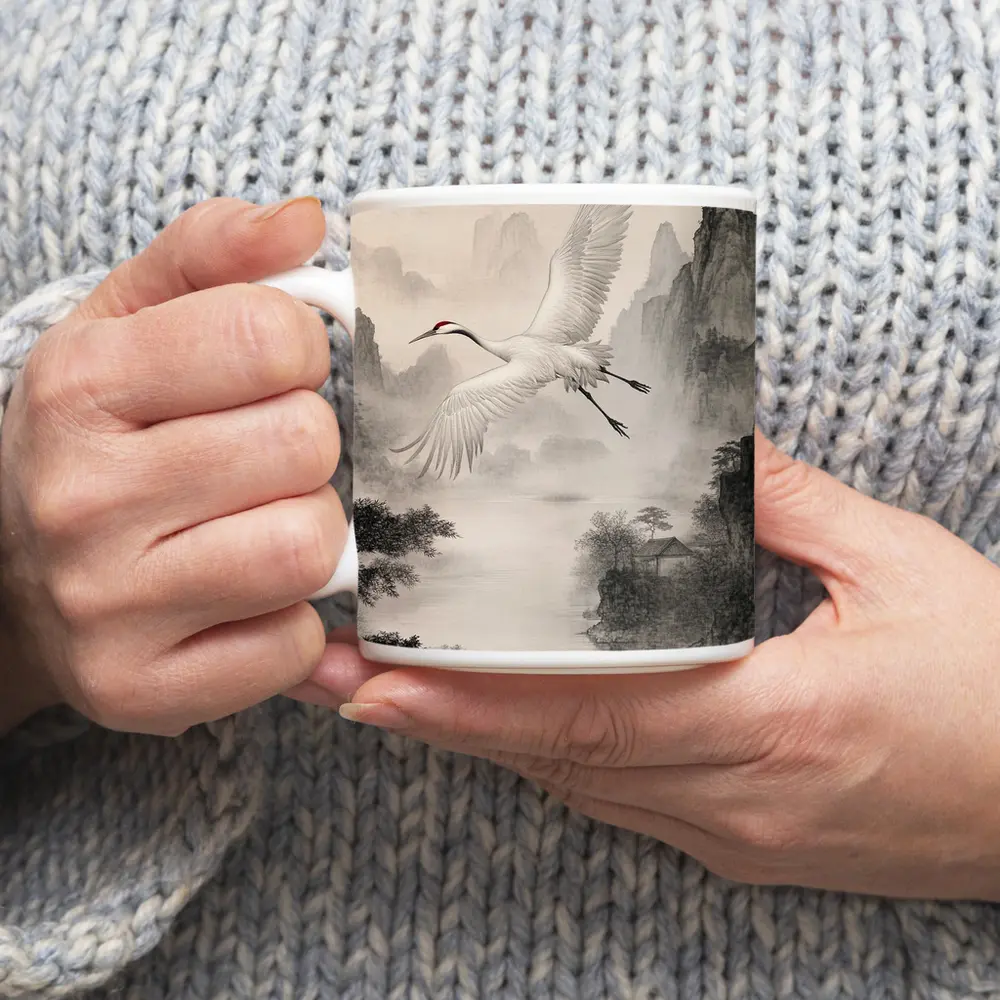 Red Crowned Crane Flying Over Misty Mountains – Mugs