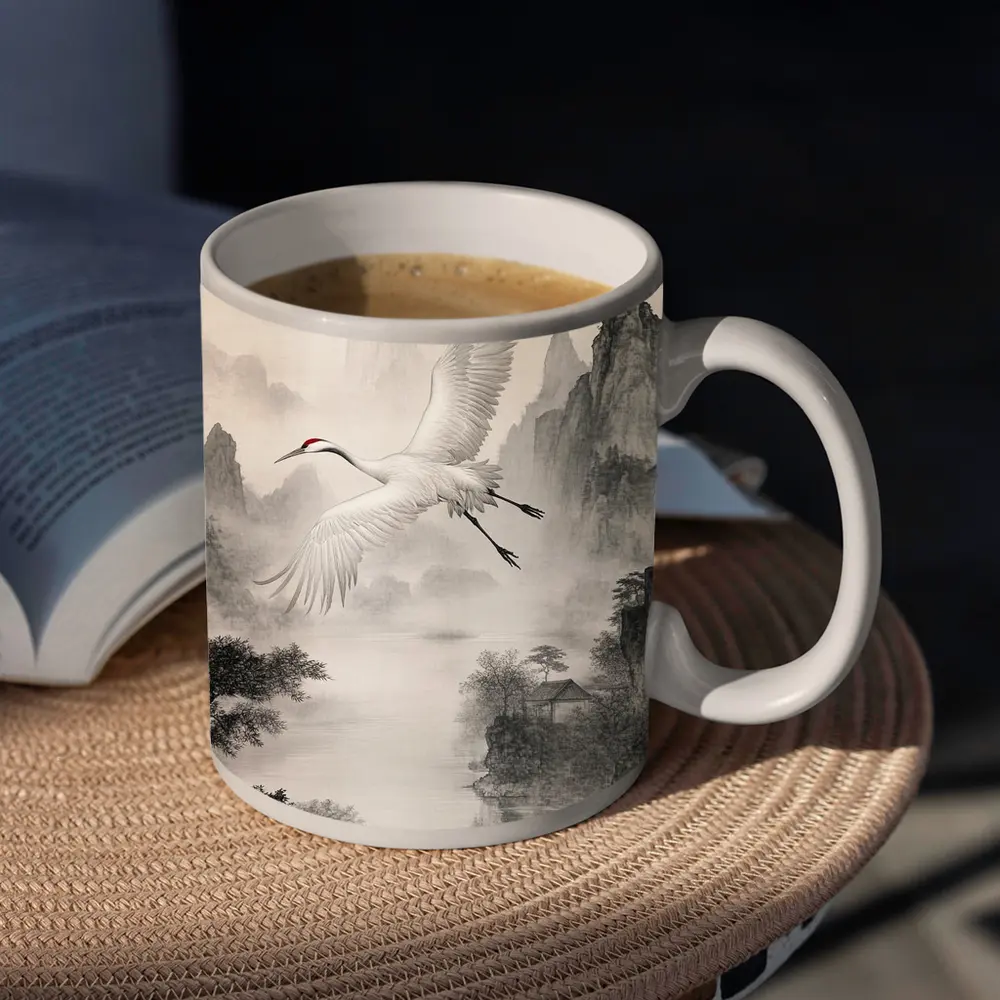 Red Crowned Crane Flying Over Misty Mountains – Mugs