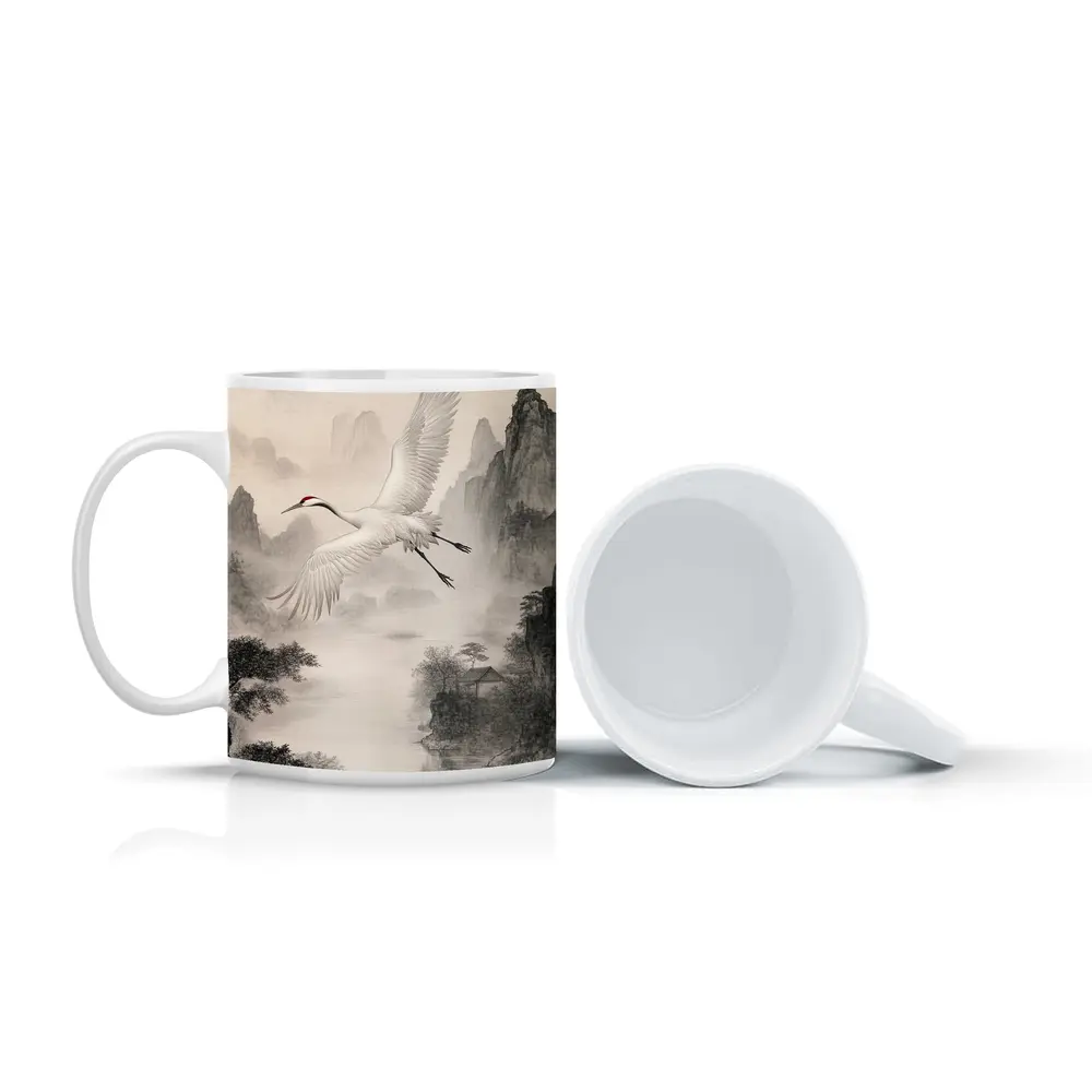 Red Crowned Crane Flying Over Misty Mountains – Mugs