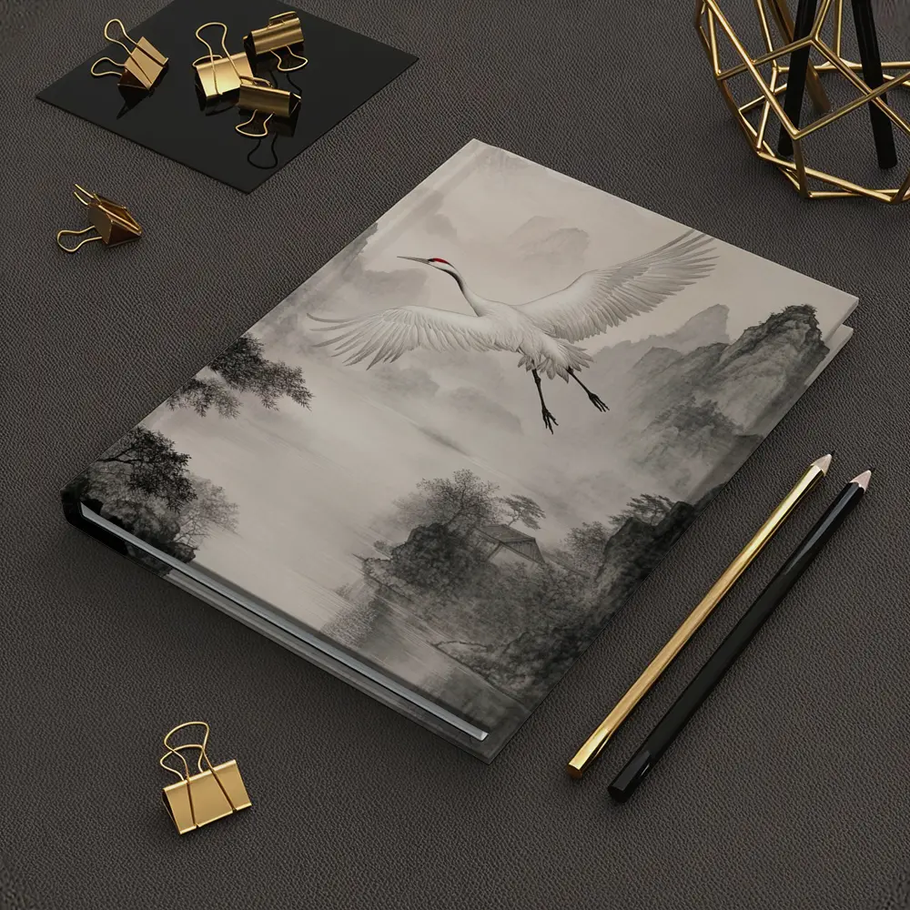 Red Crowned Crane Flying Over Misty Mountains – Notebooks