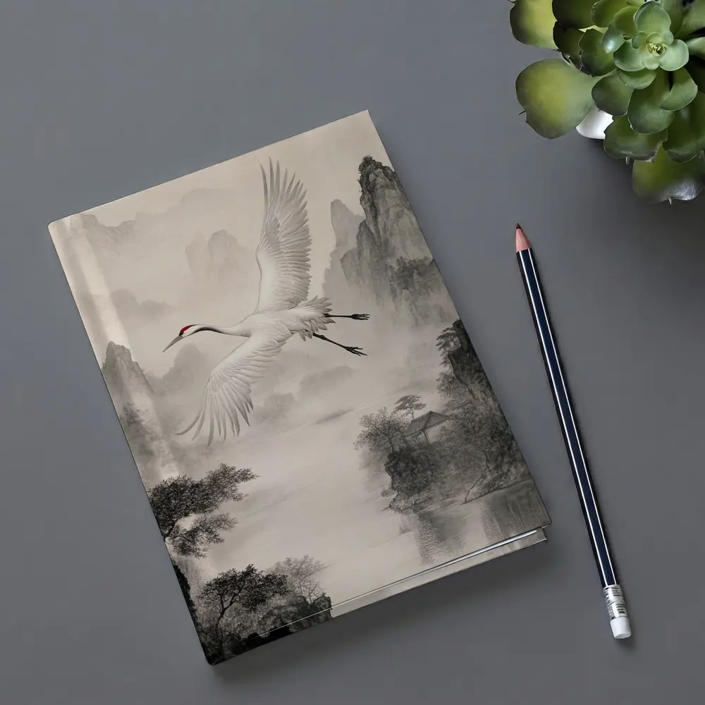 Red Crowned Crane Flying Over Misty Mountains – Notebooks