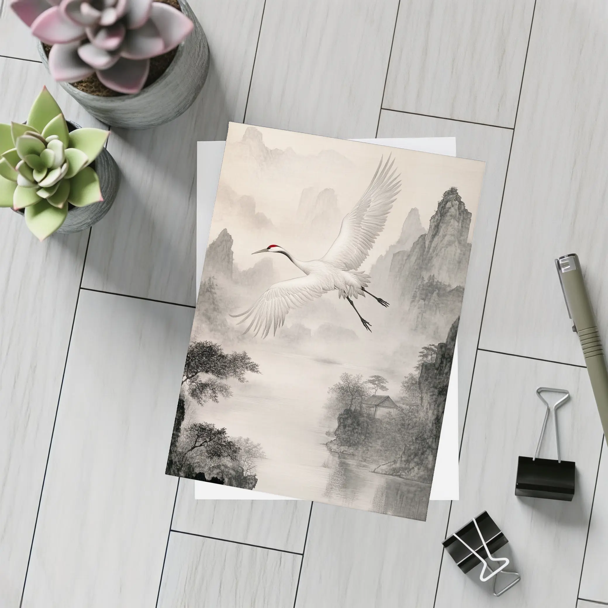 Red Crowned Crane Flying Over Misty Mountains – Postcards