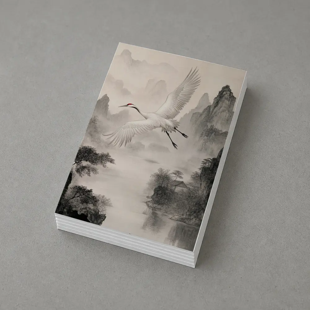 Red Crowned Crane Flying Over Misty Mountains – Postcards