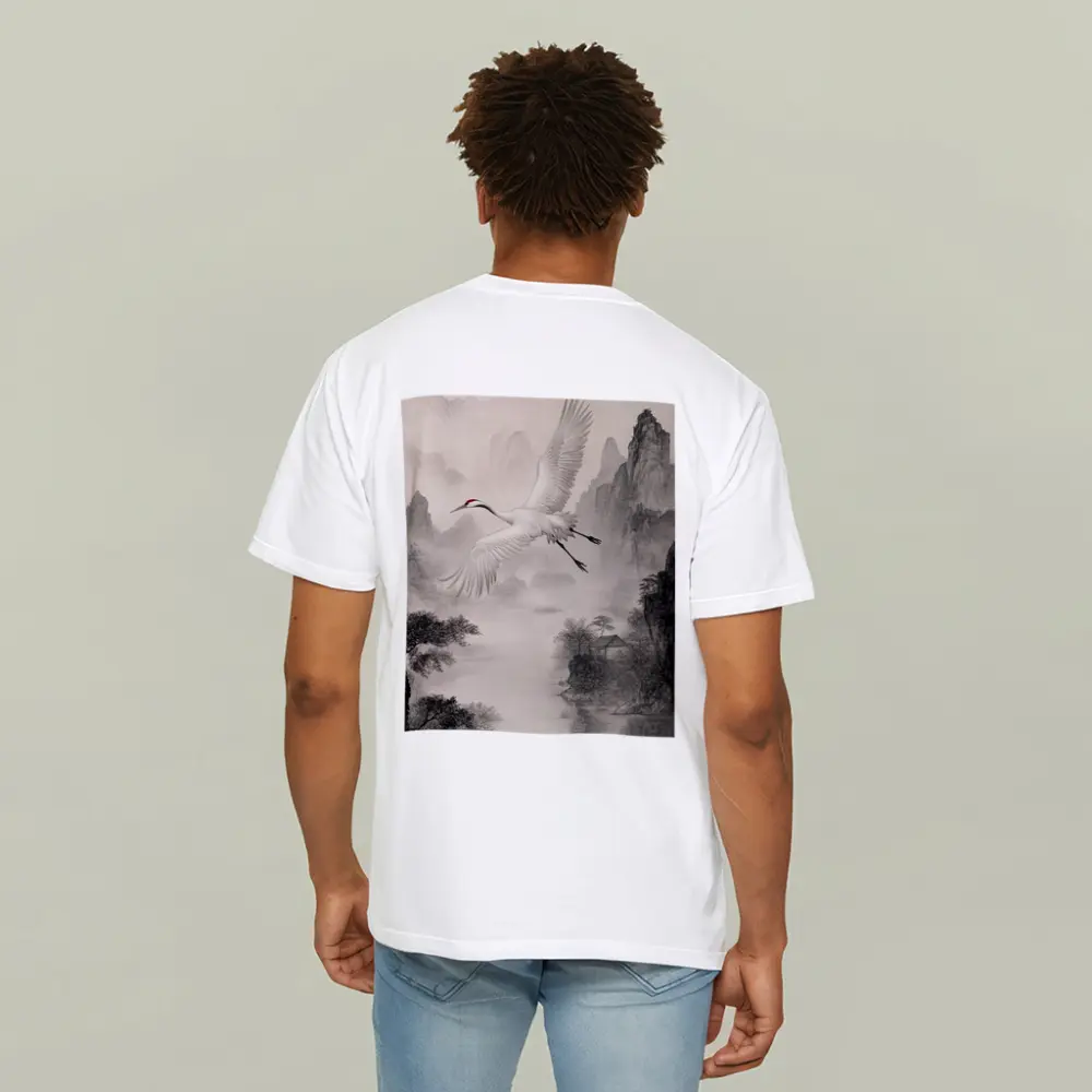 Red Crowned Crane Flying Over Misty Mountains – T-Shirts