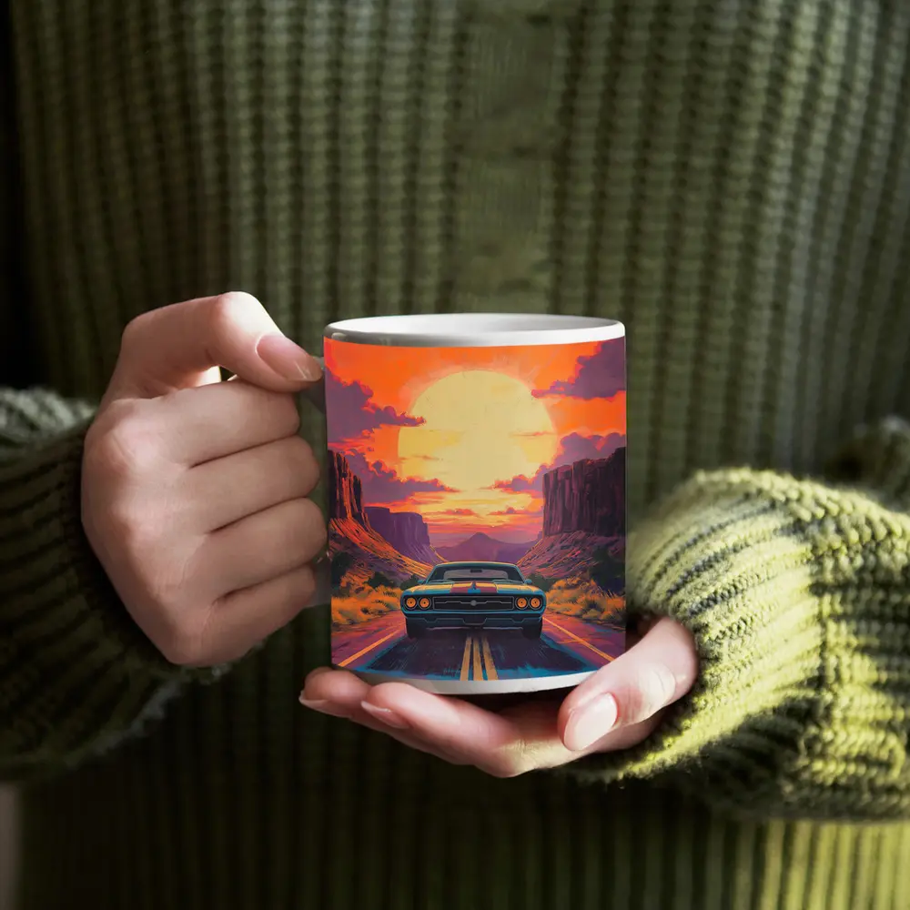 Dodge Challenger Desert Canyon Sunset Art – Mugs