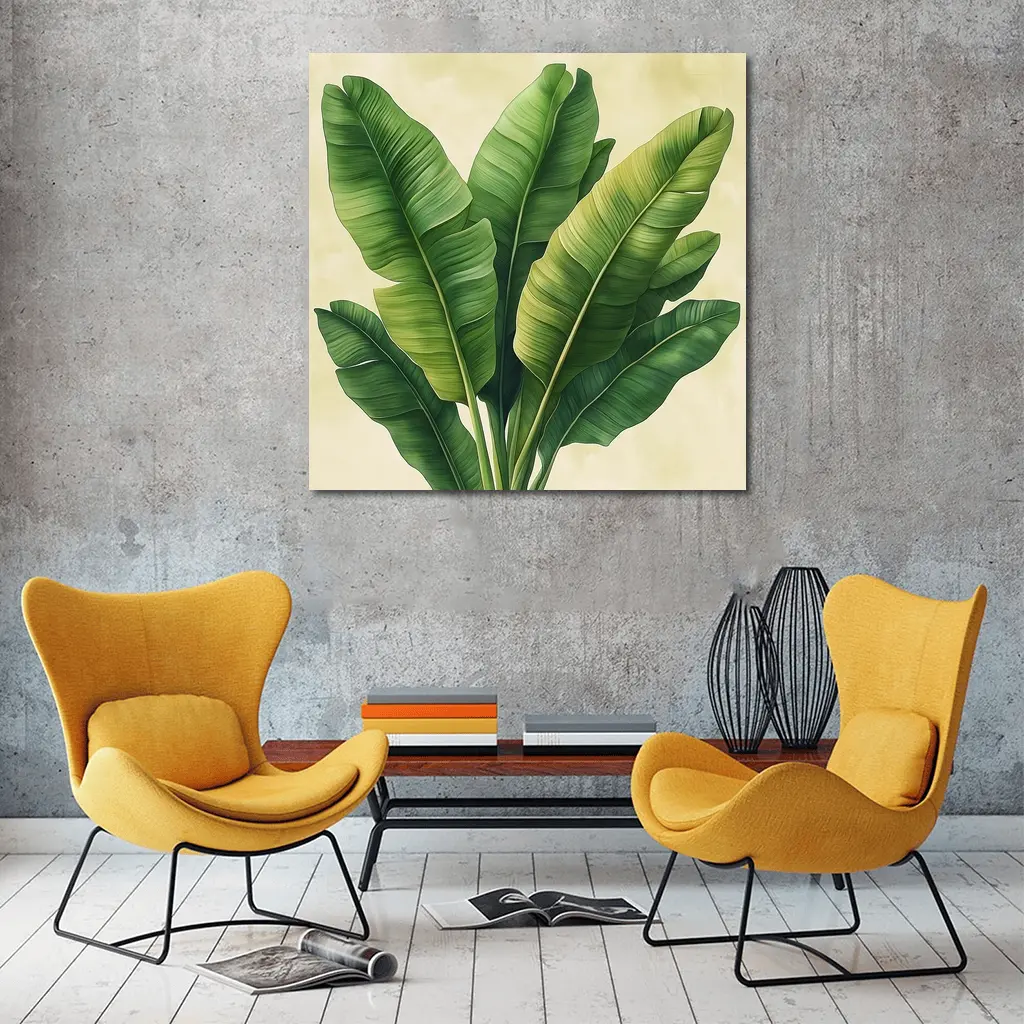 Tropical Banana Leaves Illustration Beige Background – Wall Art