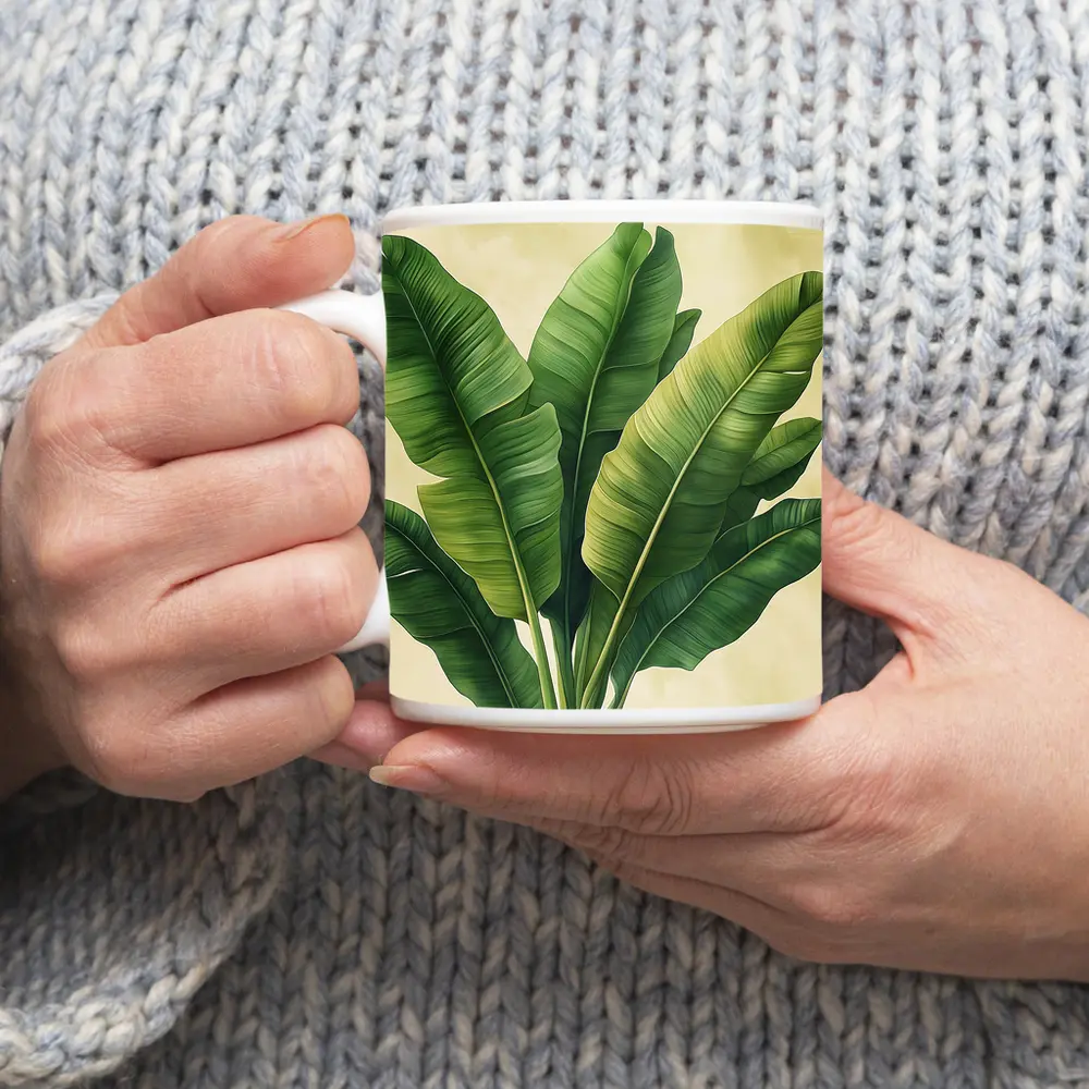 Tropical Banana Leaves Illustration Beige Background – Mugs
