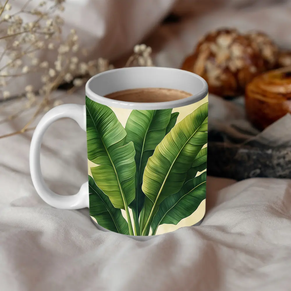 Tropical Banana Leaves Illustration Beige Background – Mugs