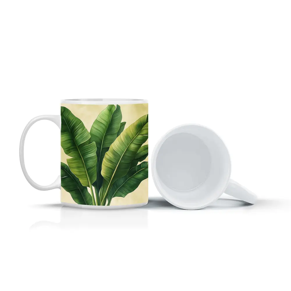 Tropical Banana Leaves Illustration Beige Background – Mugs