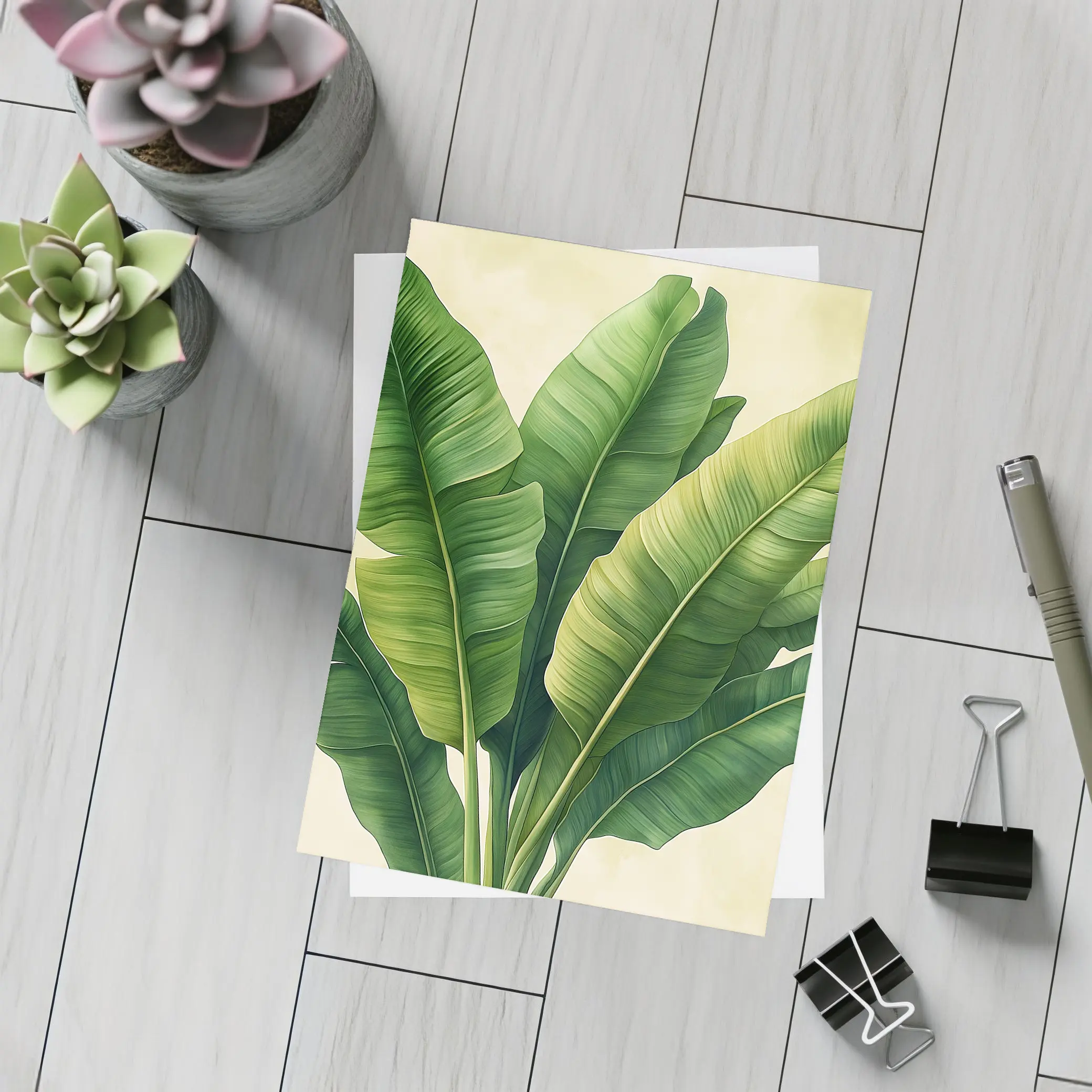 Tropical Banana Leaves Illustration Beige Background – Postcards