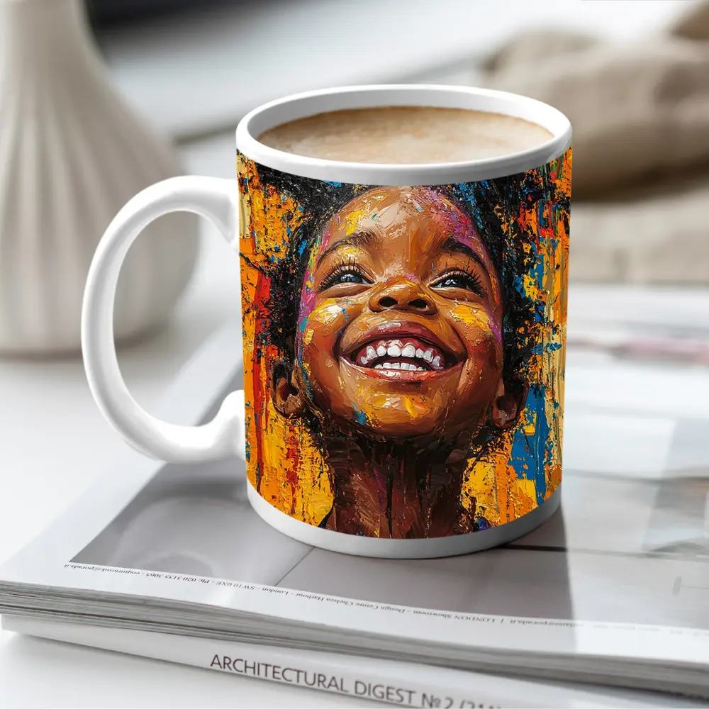Joyful Girl Laughing Bold Expressionist Painting – Mugs
