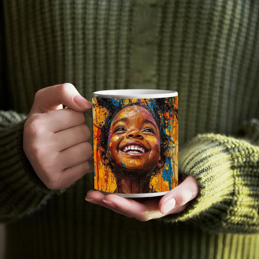 Joyful Girl Laughing Bold Expressionist Painting – Mugs