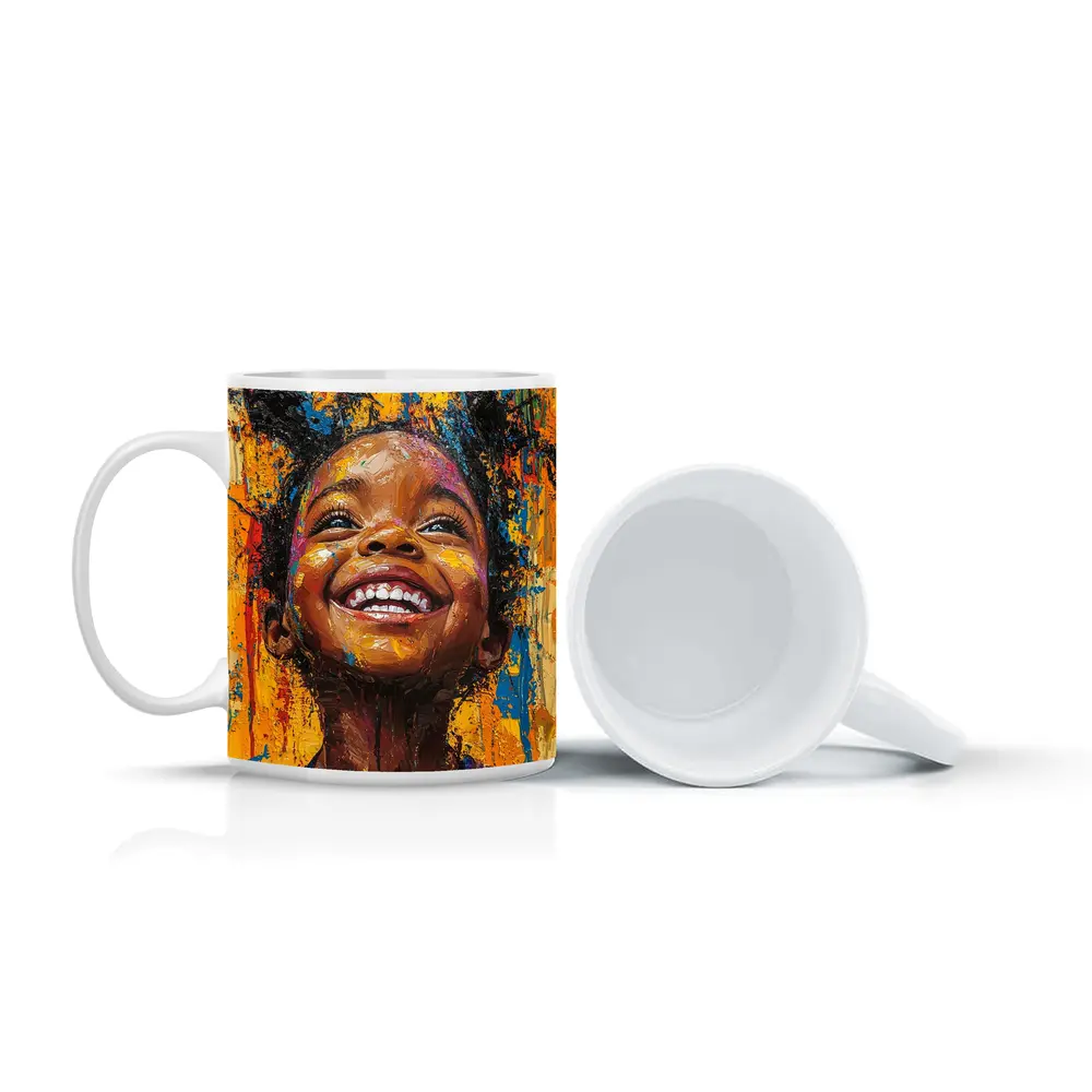Joyful Girl Laughing Bold Expressionist Painting – Mugs