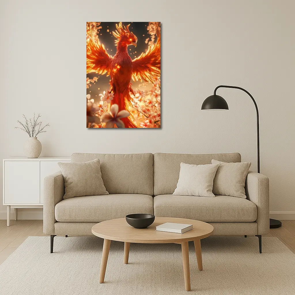Fiery Phoenix Rising Among White Blossoms – Wall Art