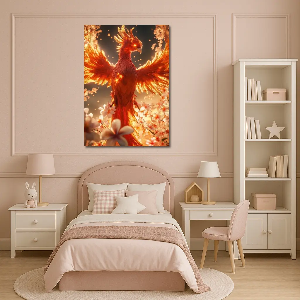 Fiery Phoenix Rising Among White Blossoms – Wall Art