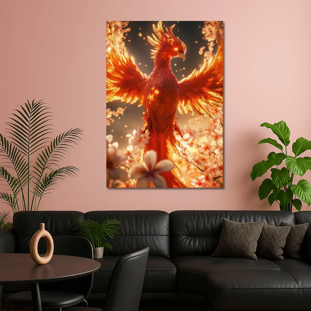 Fiery Phoenix Rising Among White Blossoms – Wall Art