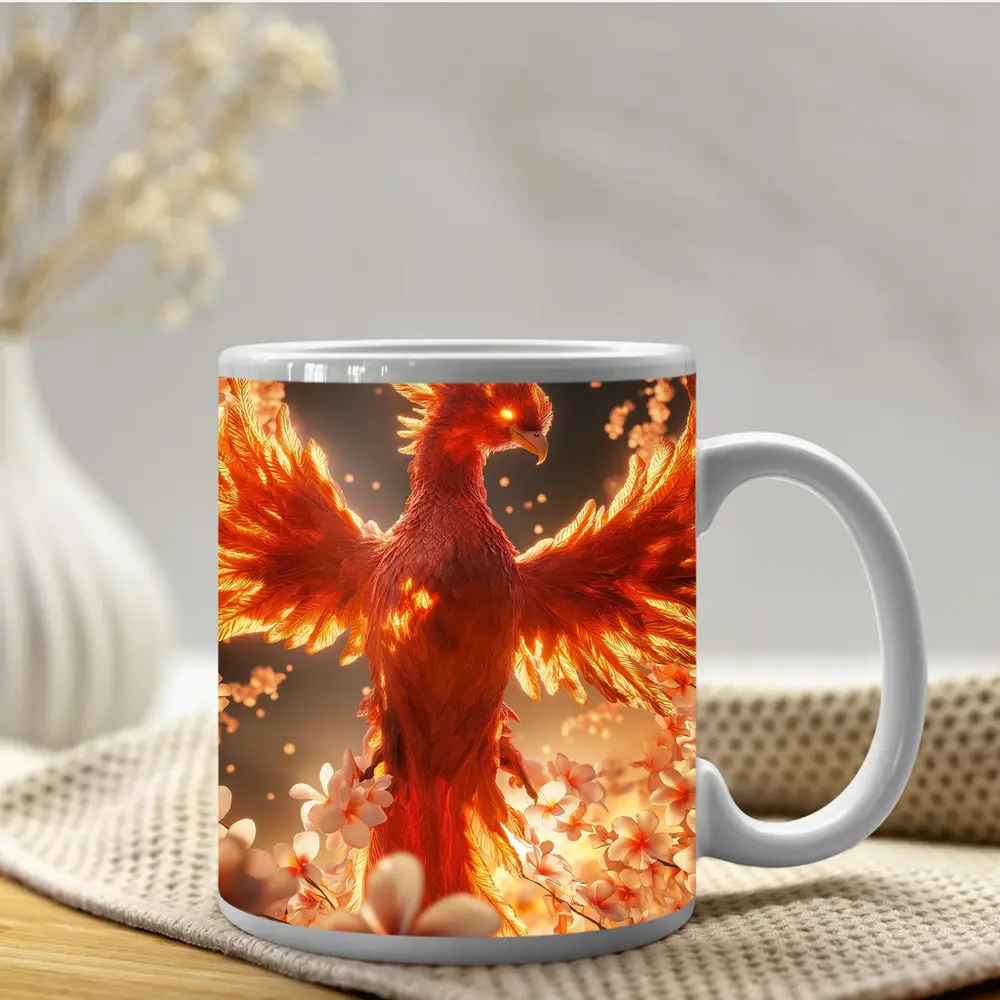 Fiery Phoenix Rising Among White Blossoms – Mugs