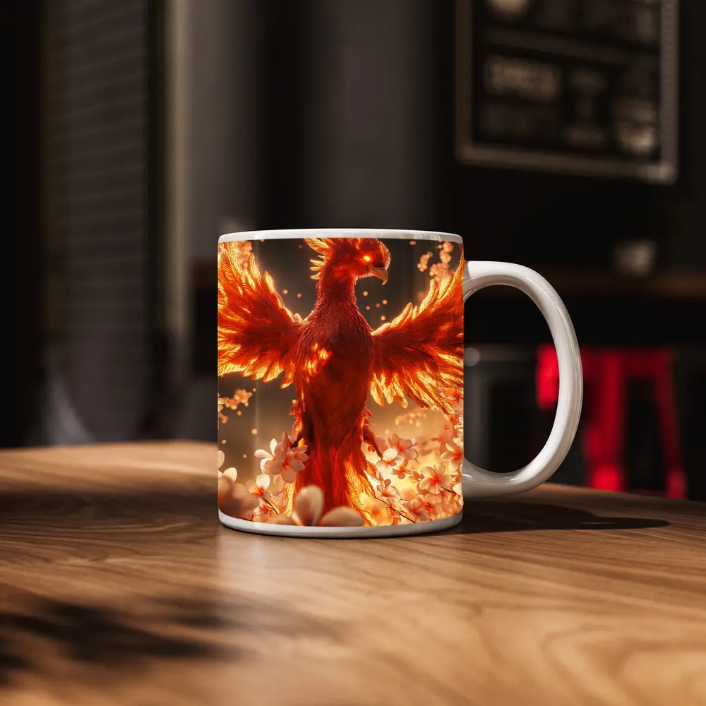 Fiery Phoenix Rising Among White Blossoms – Mugs