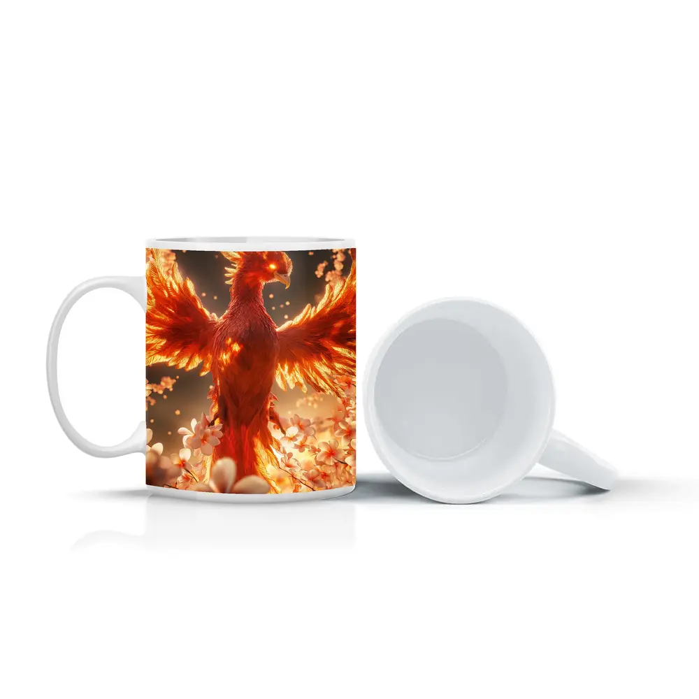 Fiery Phoenix Rising Among White Blossoms – Mugs