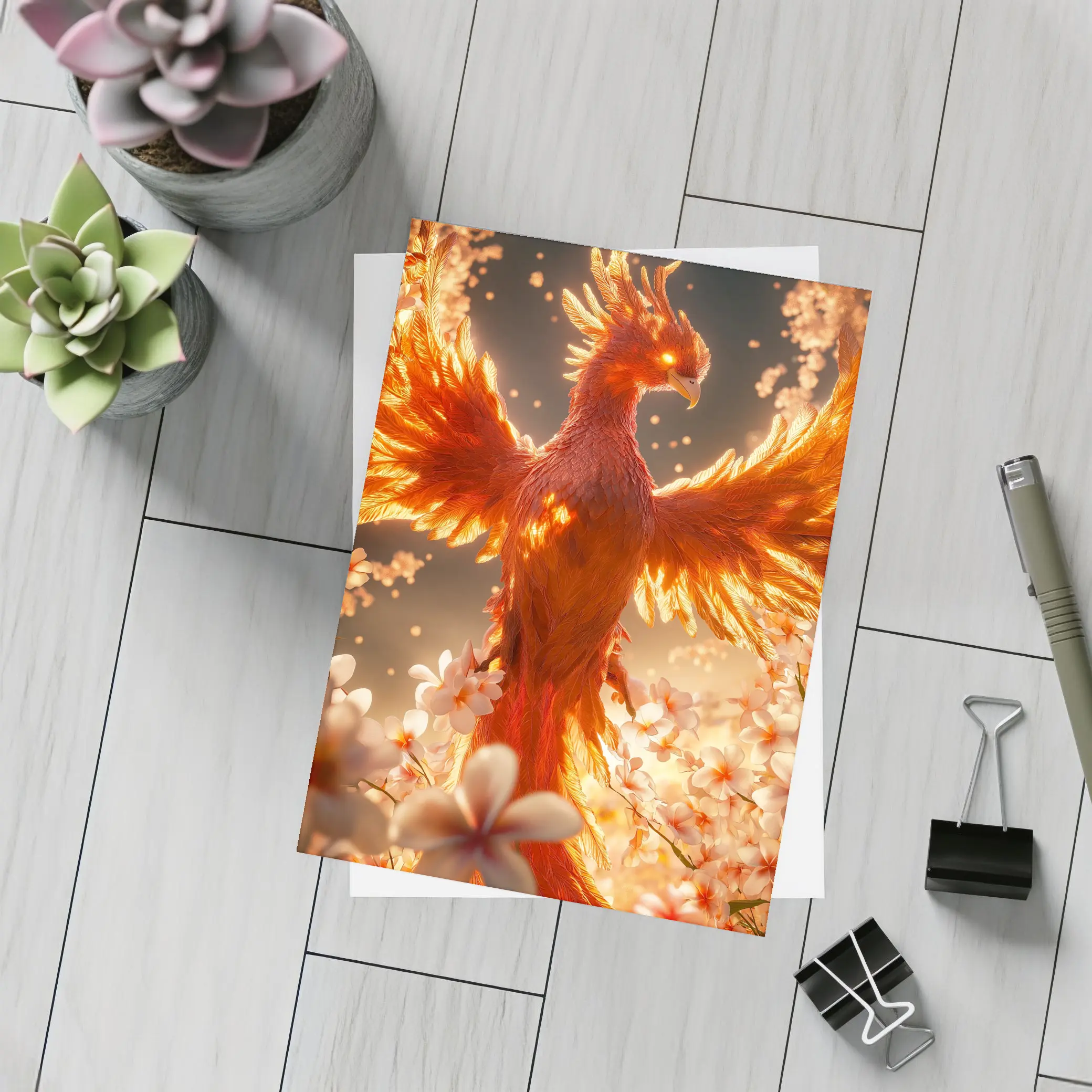 Fiery Phoenix Rising Among White Blossoms – Postcards
