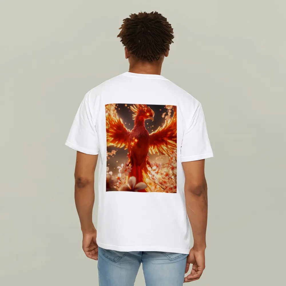Fiery Phoenix Rising Among White Blossoms – T-Shirts