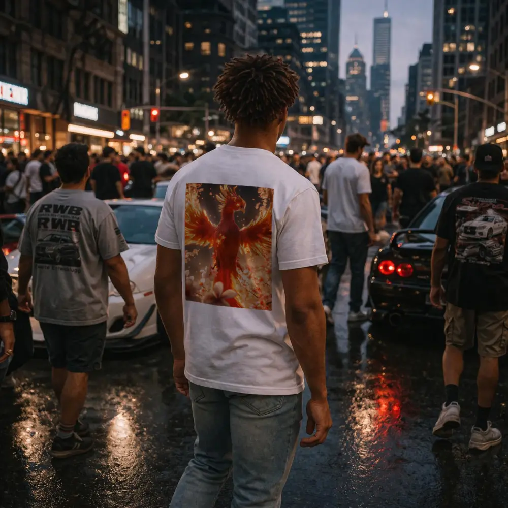 Fiery Phoenix Rising Among White Blossoms – T-Shirts