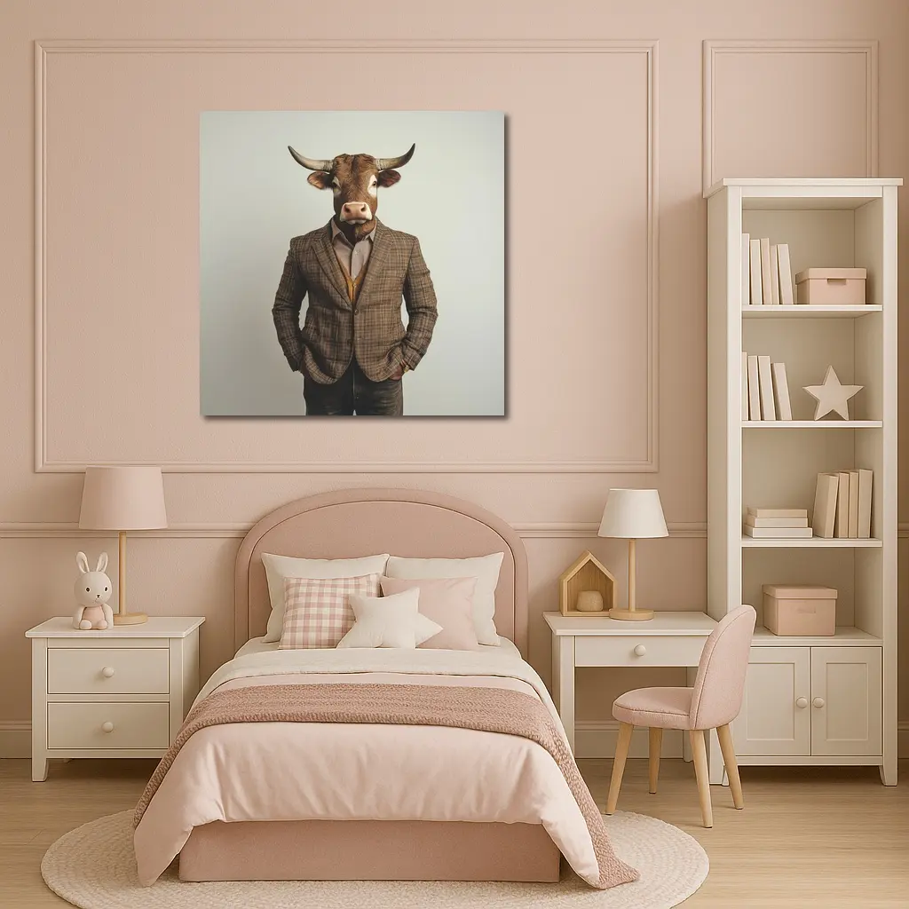 Bull Head Man Suit Gray Background – Wall Art