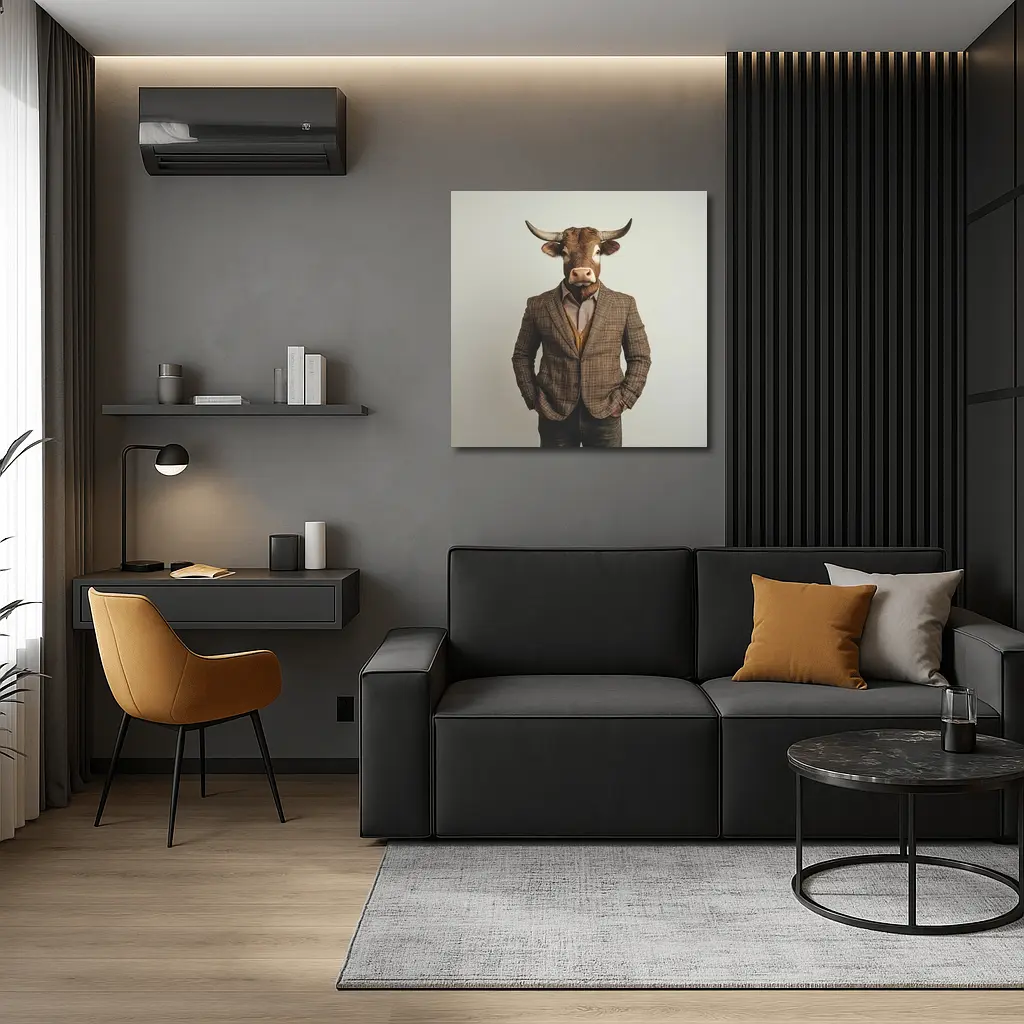 Bull Head Man Suit Gray Background – Wall Art