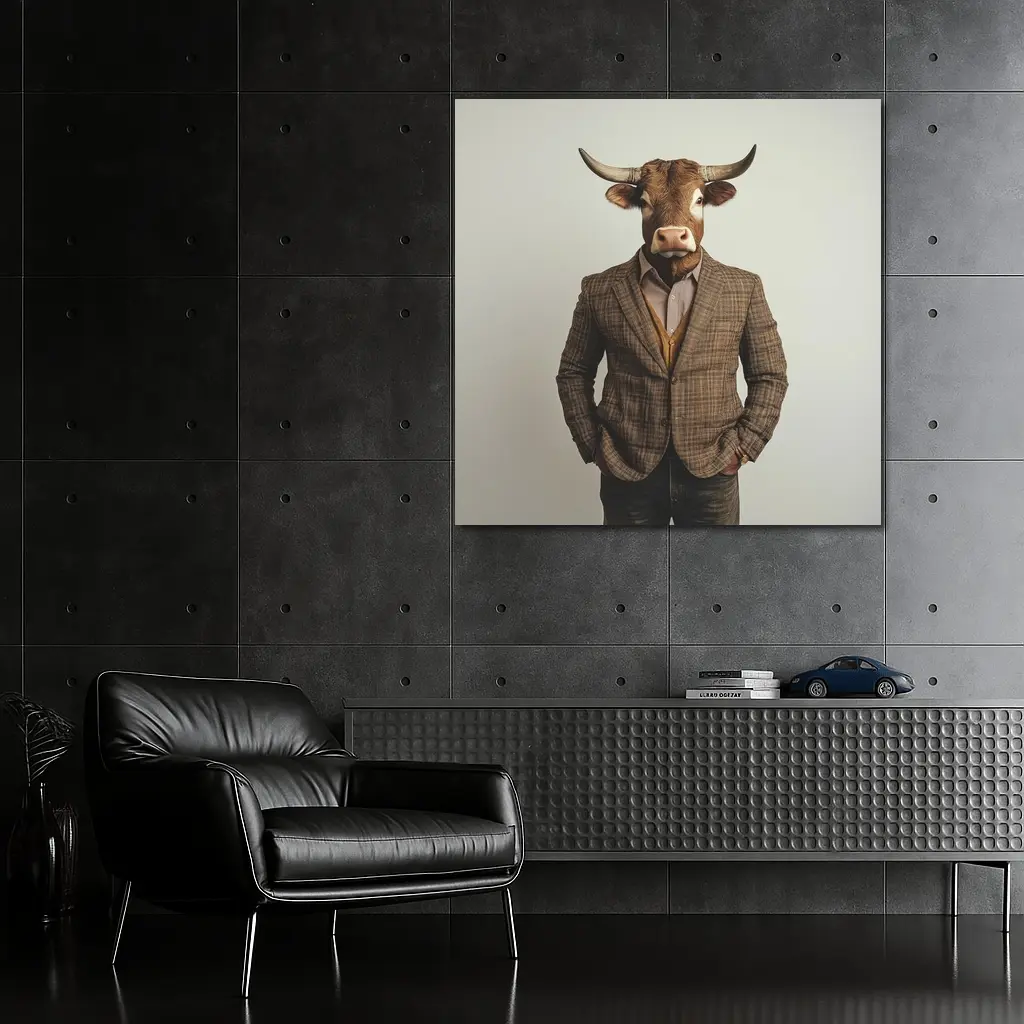 Bull Head Man Suit Gray Background – Wall Art