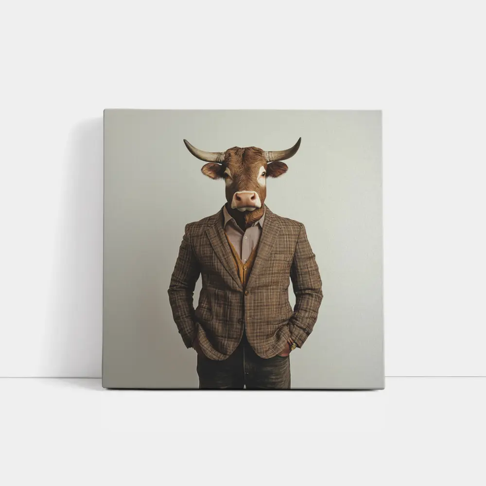 Bull Head Man Suit Gray Background – Wall Art