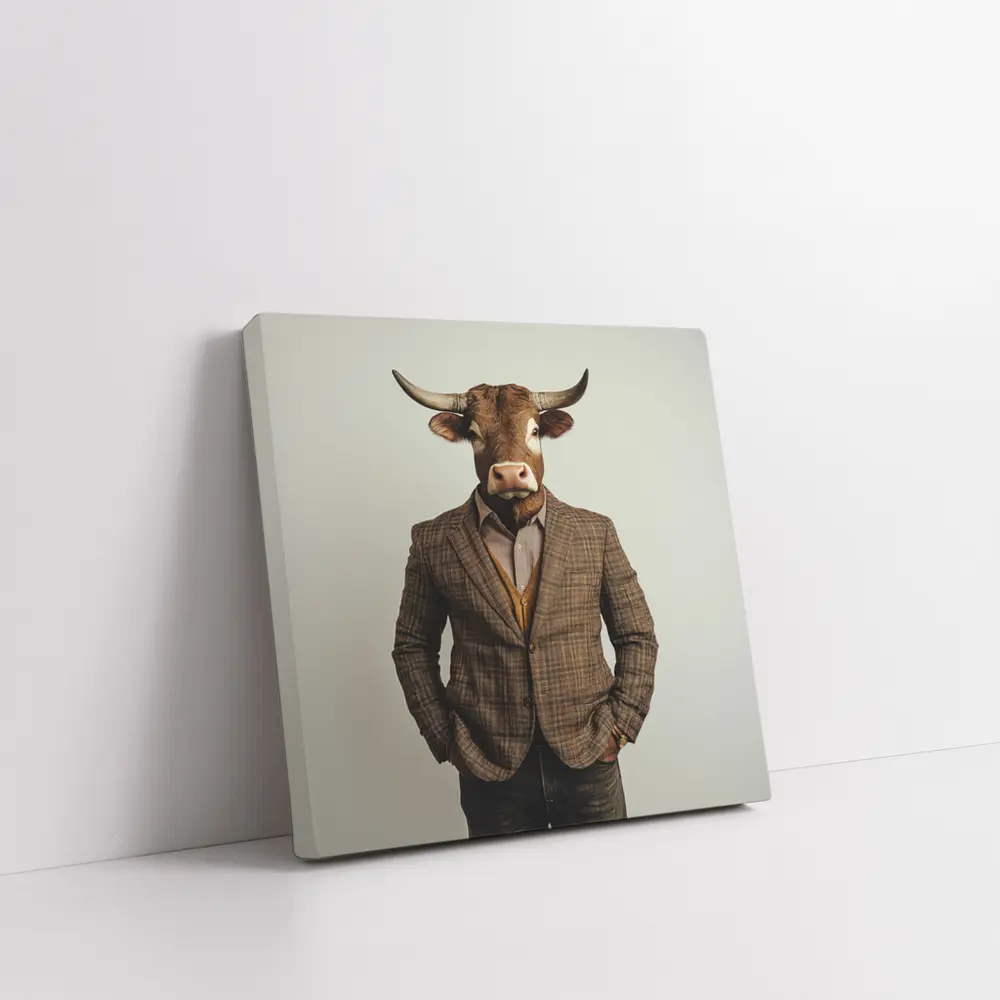 Bull Head Man Suit Gray Background – Wall Art