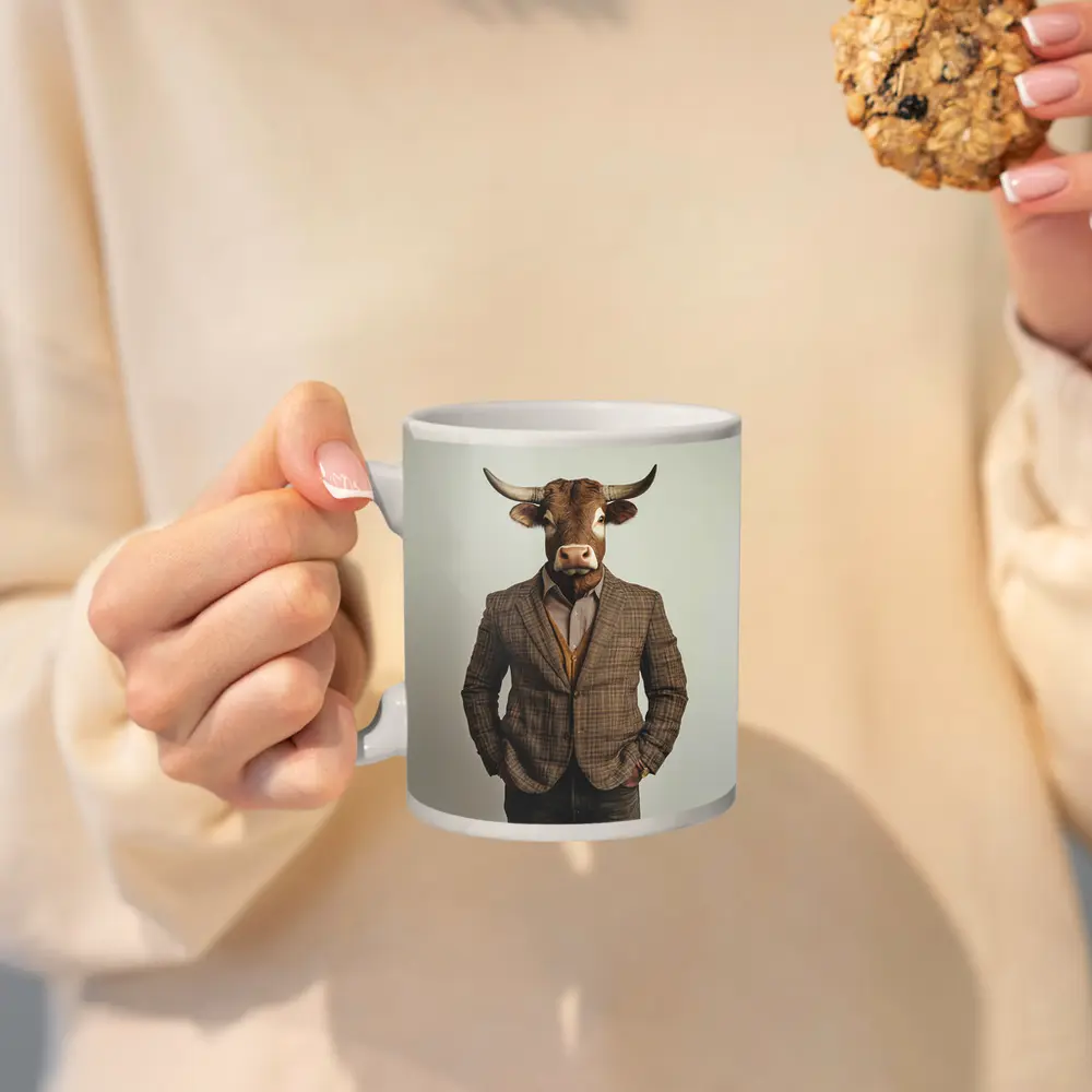 Bull Head Man Suit Gray Background – Mugs