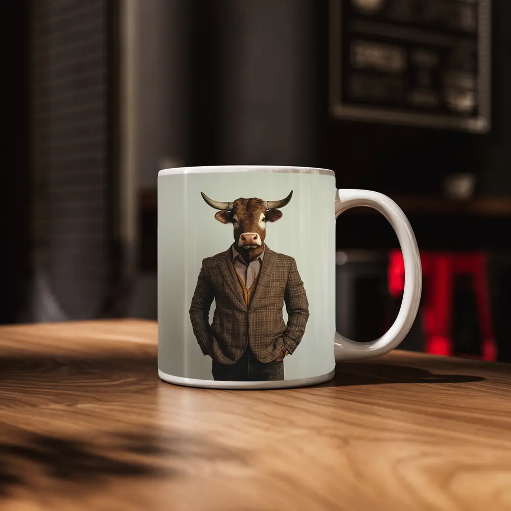 Bull Head Man Suit Gray Background – Mugs
