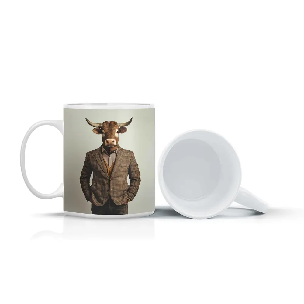Bull Head Man Suit Gray Background – Mugs