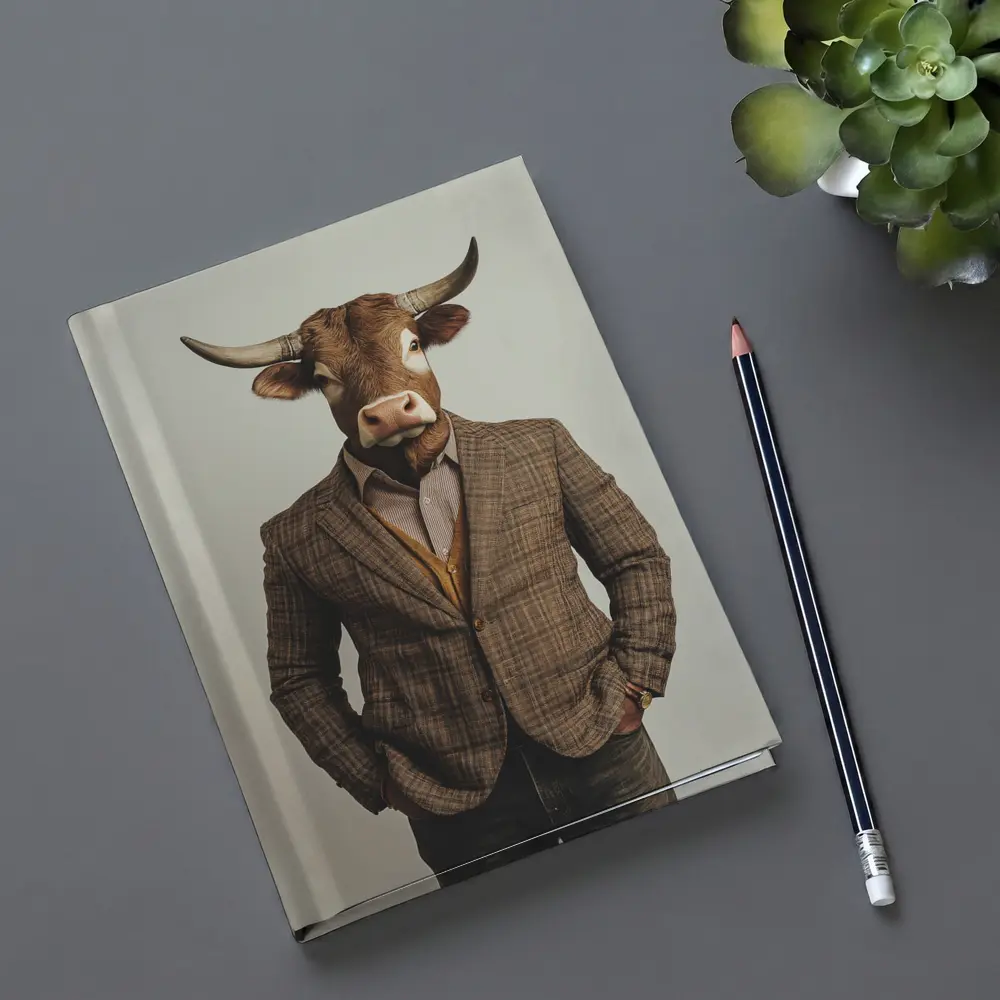 Bull Head Man Suit Gray Background – Notebooks