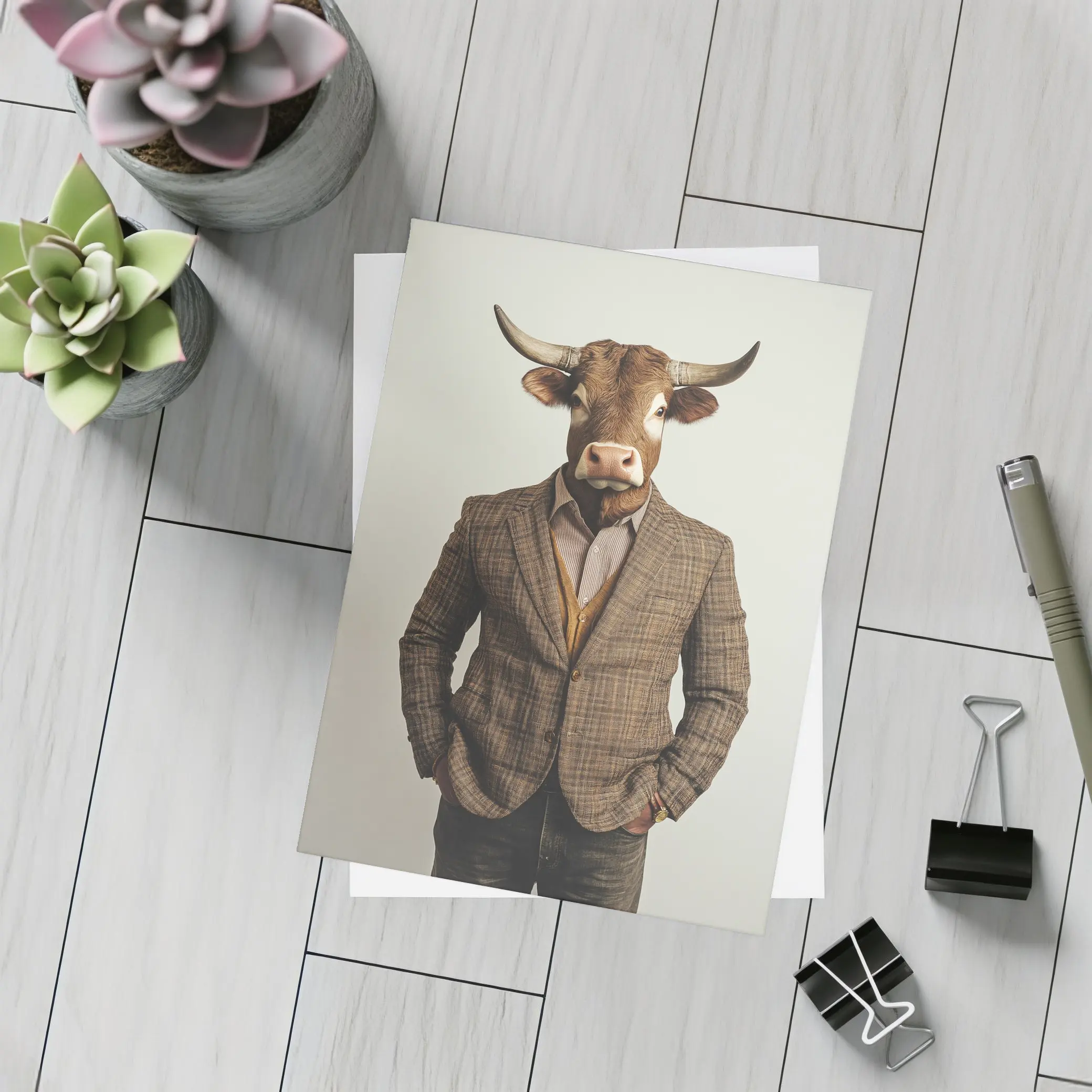 Bull Head Man Suit Gray Background – Postcards