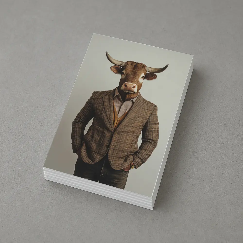 Bull Head Man Suit Gray Background – Postcards