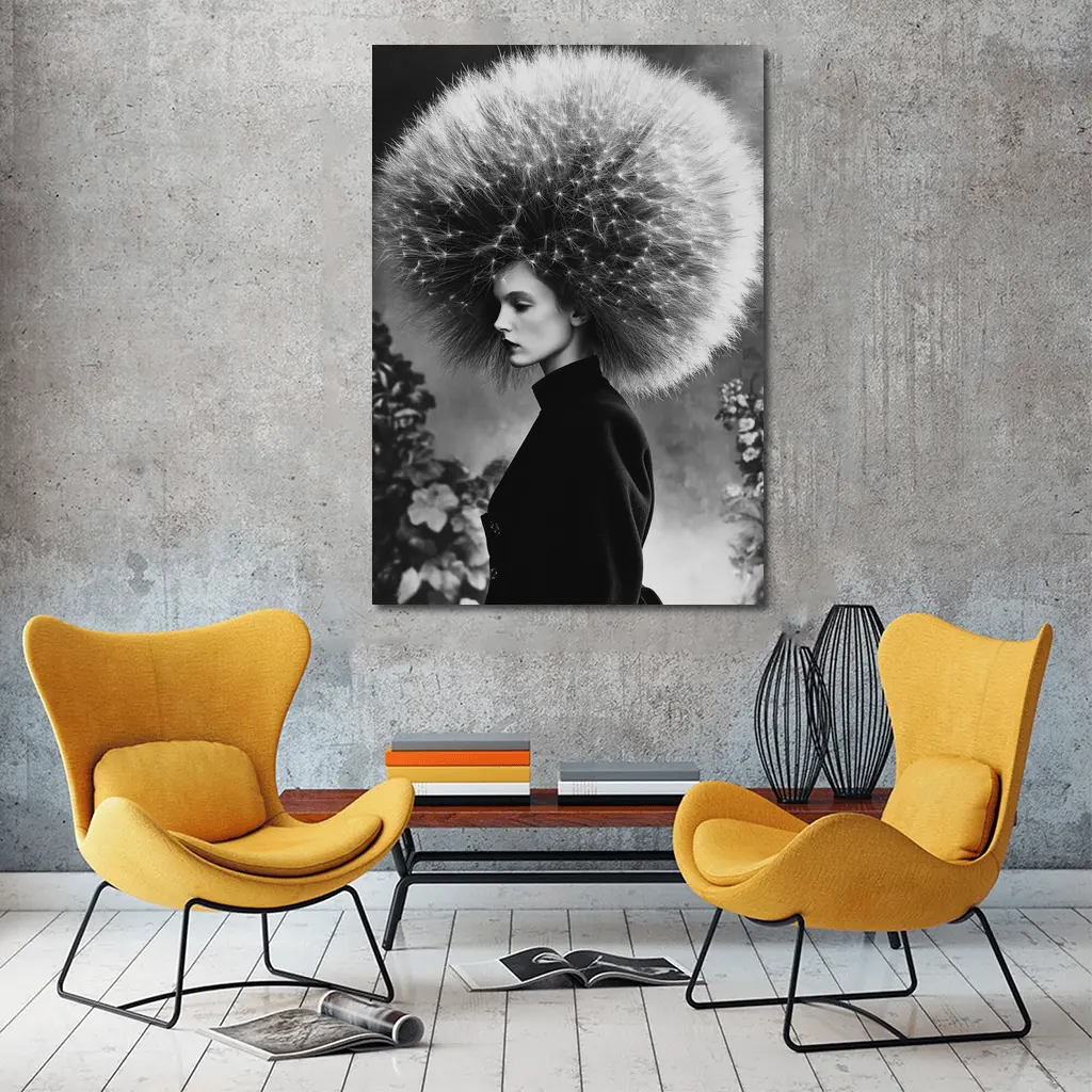Woman Dandelion Head Black White Surreal Portrait – Wall Art