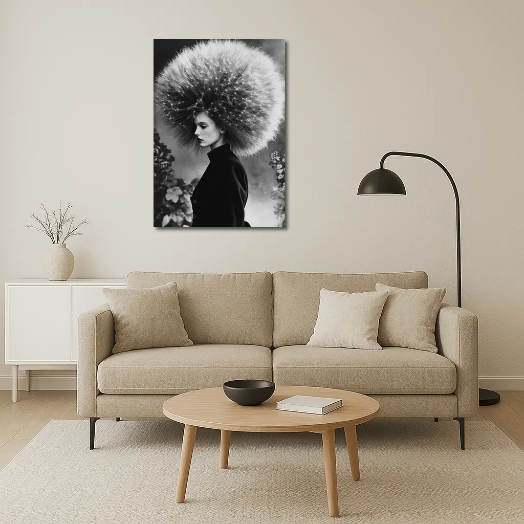 Woman Dandelion Head Black White Surreal Portrait – Wall Art