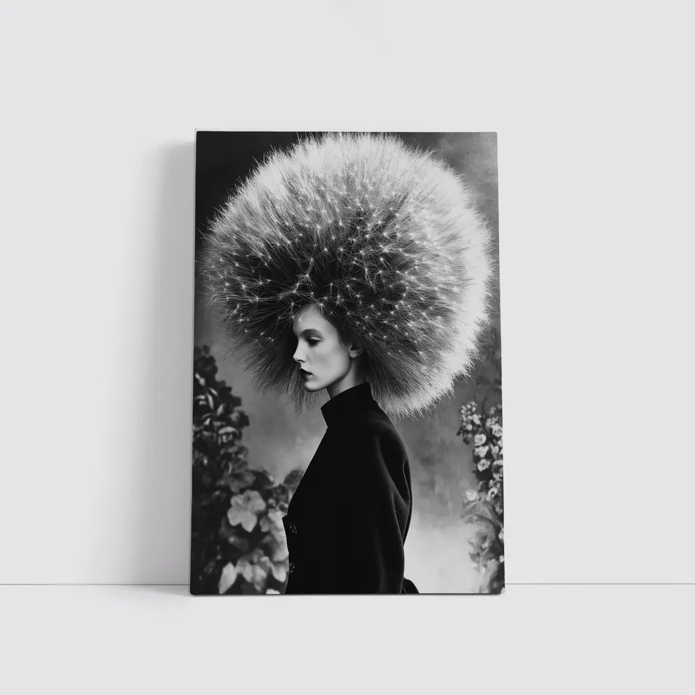 Woman Dandelion Head Black White Surreal Portrait – Wall Art
