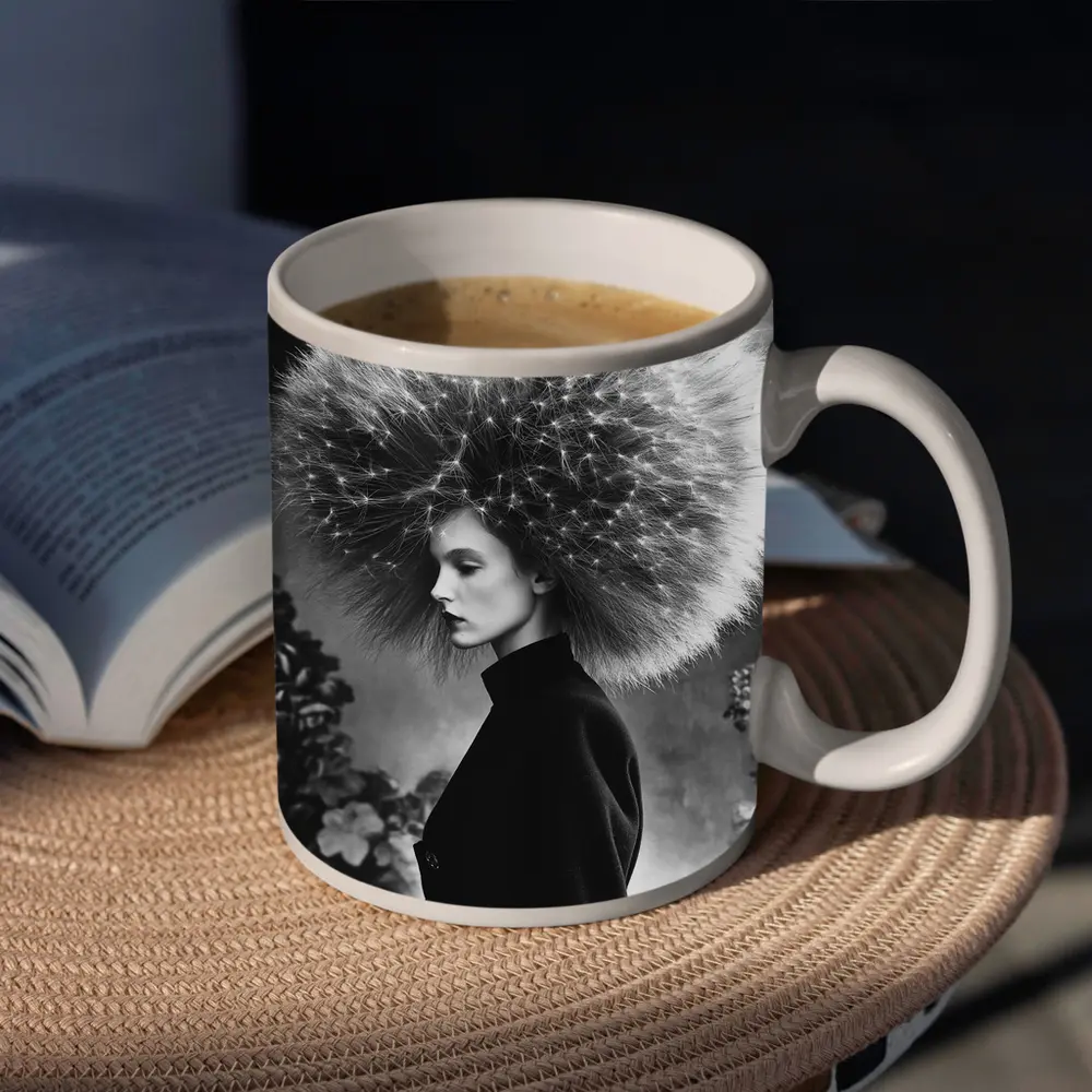 Woman Dandelion Head Black White Surreal Portrait – Mugs