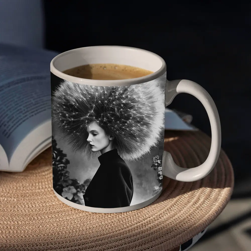 Woman Dandelion Head Black White Surreal Portrait – Mugs